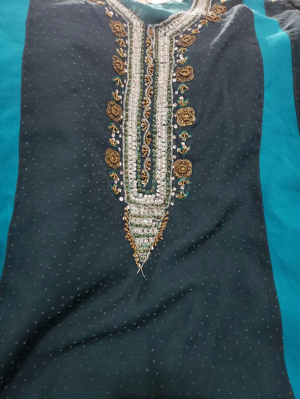 Kids Girls South Asian Teal Green Embroidered Kurti Tunic & Pants Set 2-Piece